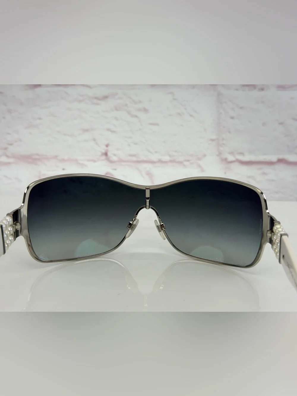 Y2K CHANEL White/Silver Frame Oversized Pearl Sunglasses-4177